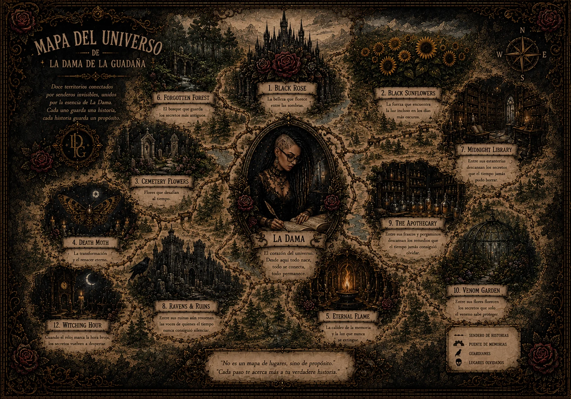 Mapa ilustrado del universo de La Dama de la Guadaña con sus doce territorios